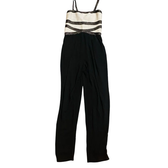 bebe Pants - bebe Black and Cream Striped Sequin Bodice Jumpsuit